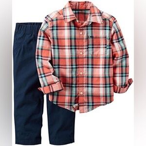 Carter's Boy's 2-Piece Set Orange Plaid Button Down Shirt Navy Blue Pants 2T